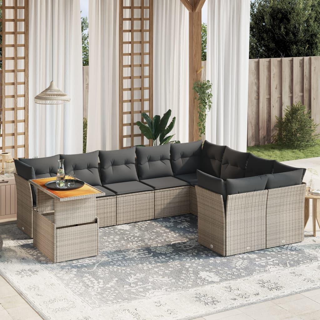 10 Piece Garden Sofa Set with Cushions Grey Poly Rattan