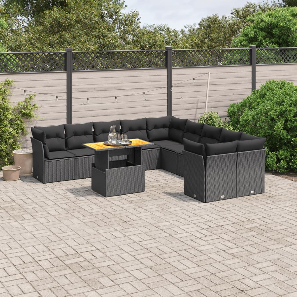 11 Piece Garden Sofa Set with Cushions Black Poly Rattan