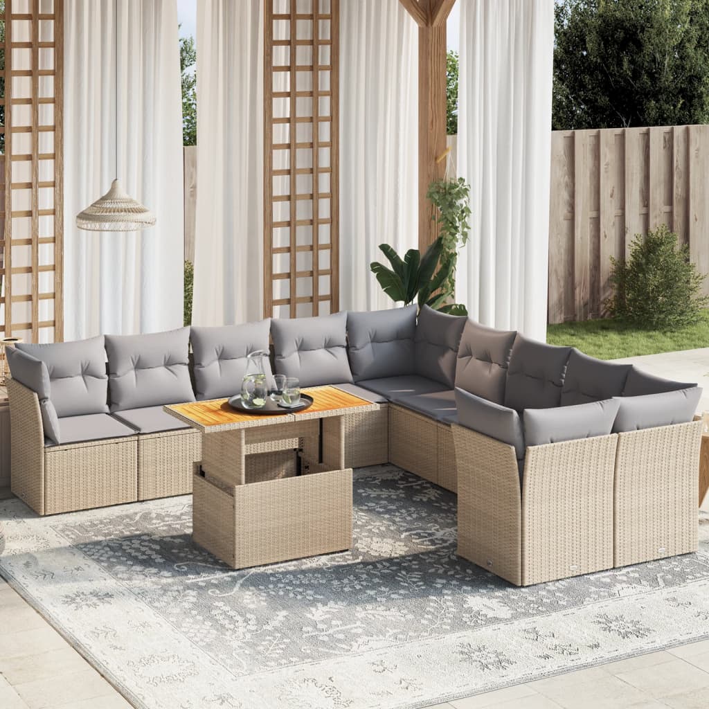 11 Piece Garden Sofa Set with Cushions Beige Poly Rattan