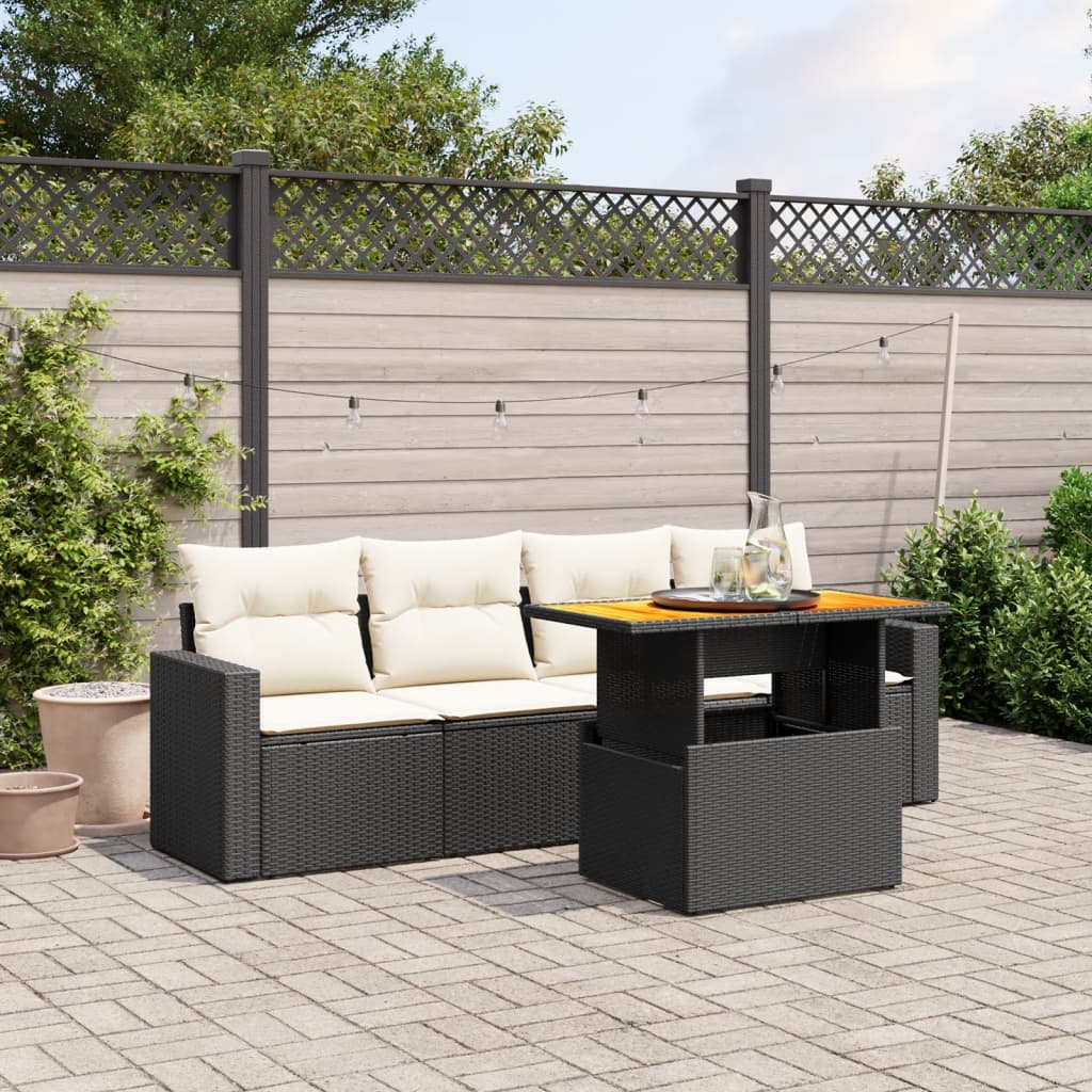 5 Piece Garden Sofa Set with Cushions Black Poly Rattan