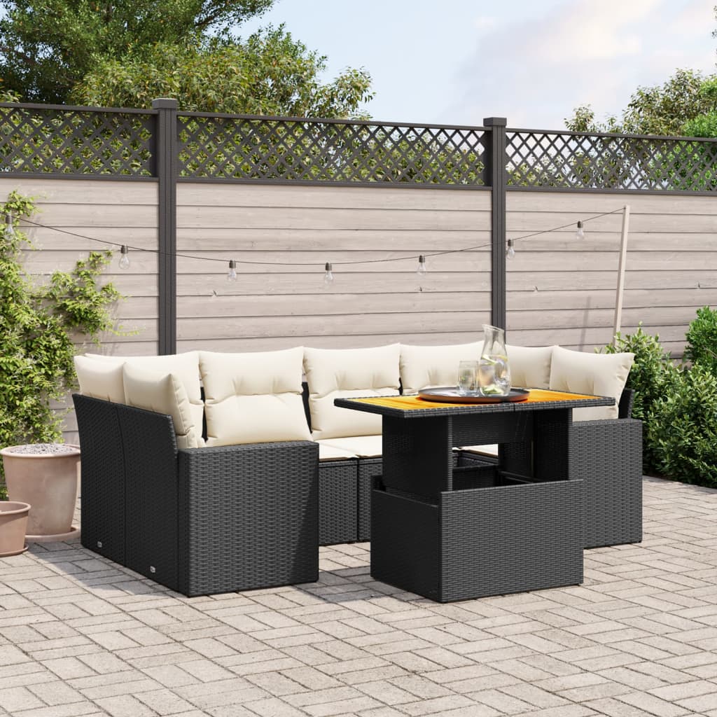 7 Piece Garden Sofa Set with Cushions Black Poly Rattan