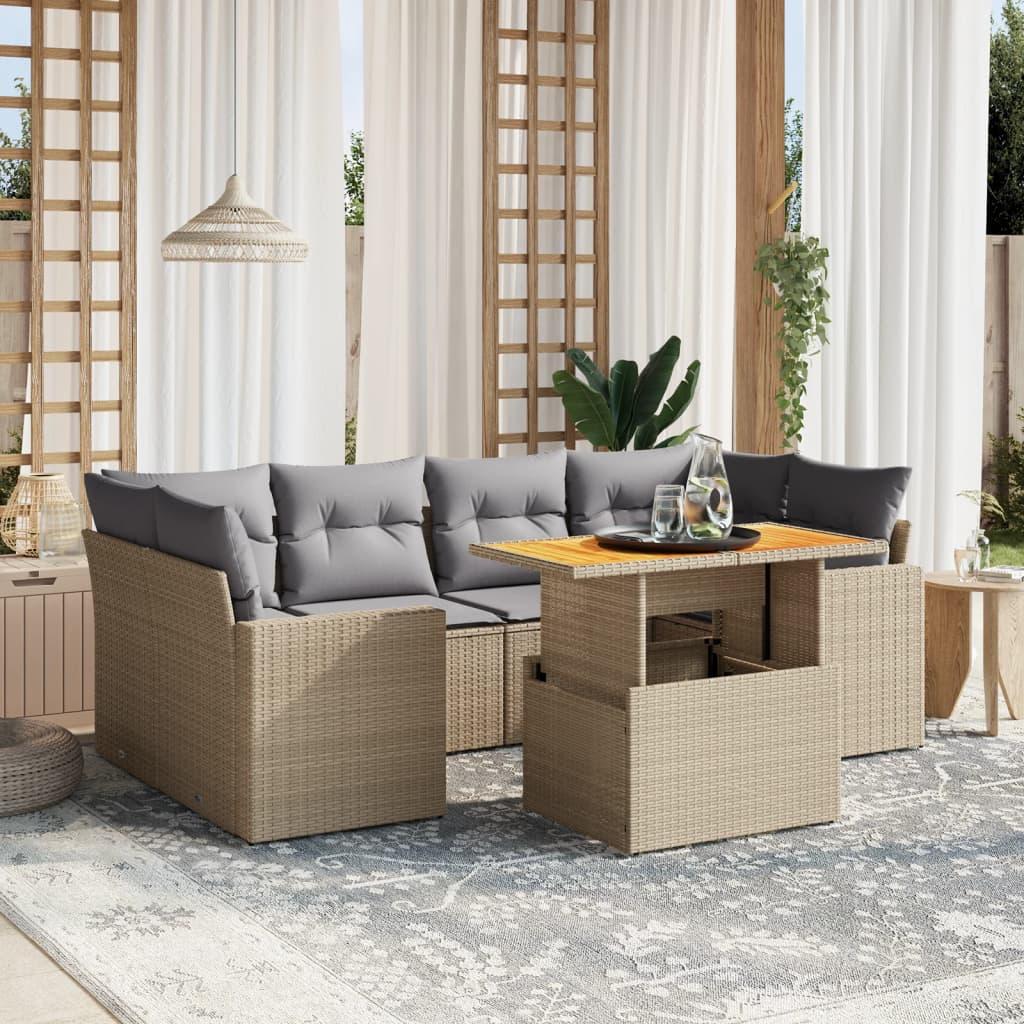 7 Piece Garden Sofa Set with Cushions Beige Poly Rattan