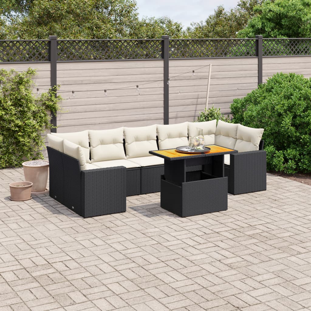 8 Piece Garden Sofa Set with Cushions Black Poly Rattan