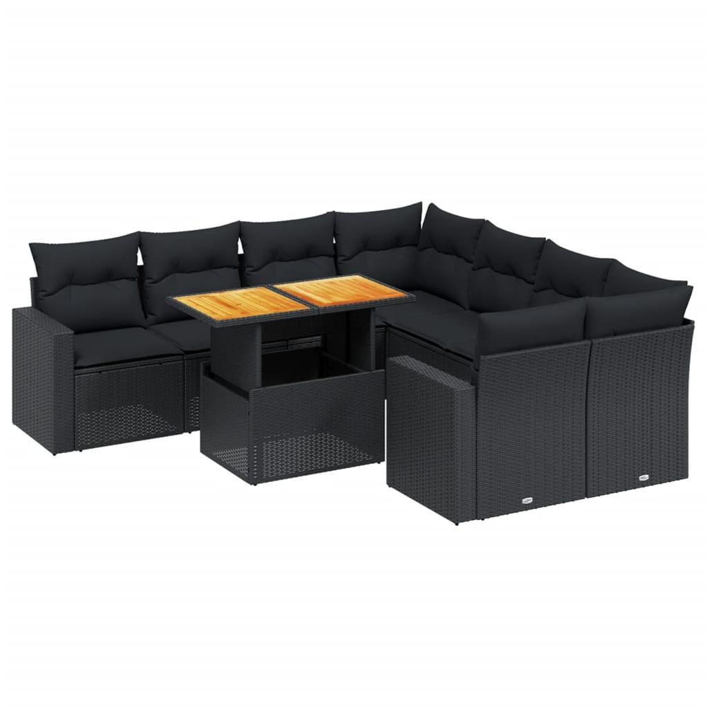 9 Piece Garden Sofa Set with Cushions Black Poly Rattan