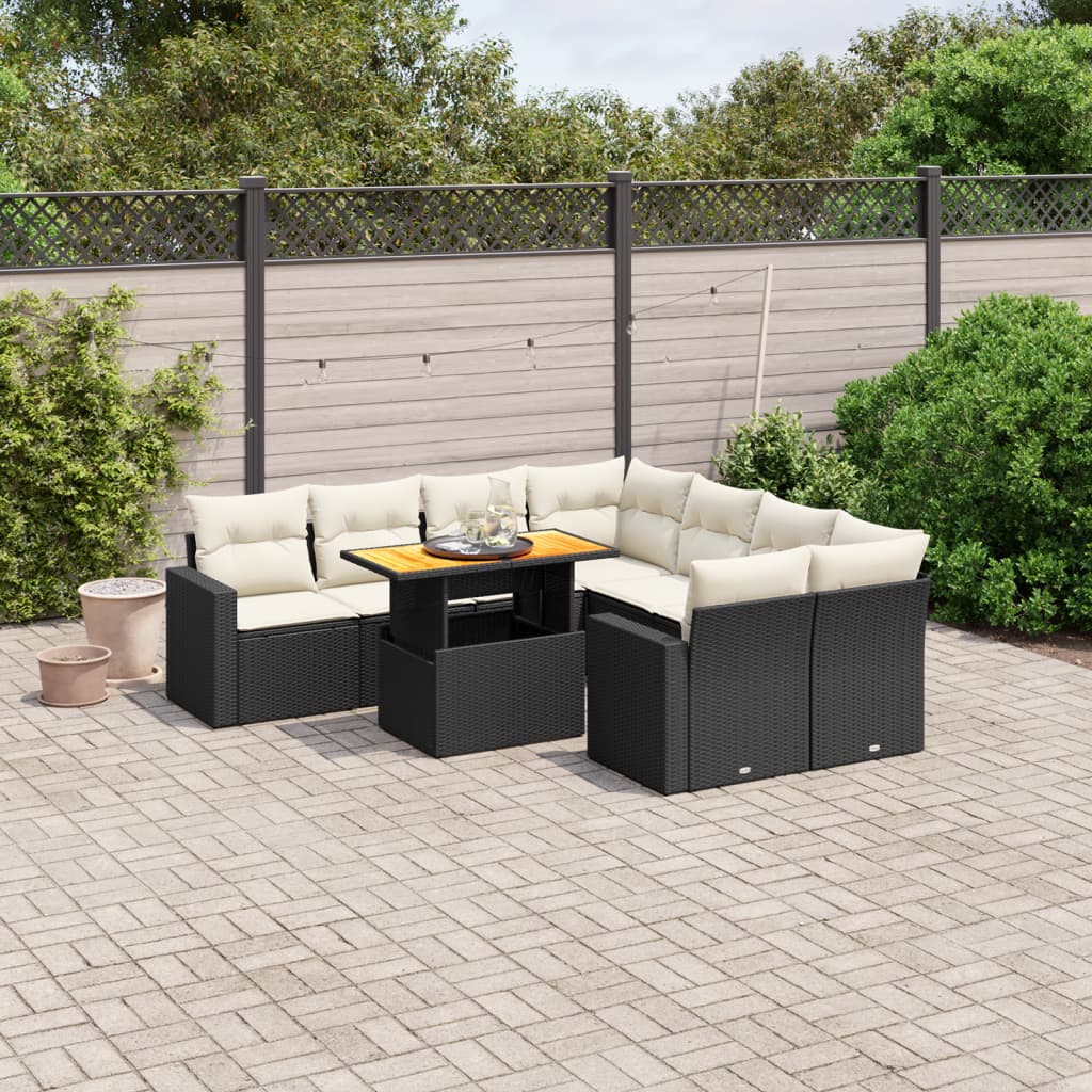 9 Piece Garden Sofa Set with Cushions Black Poly Rattan