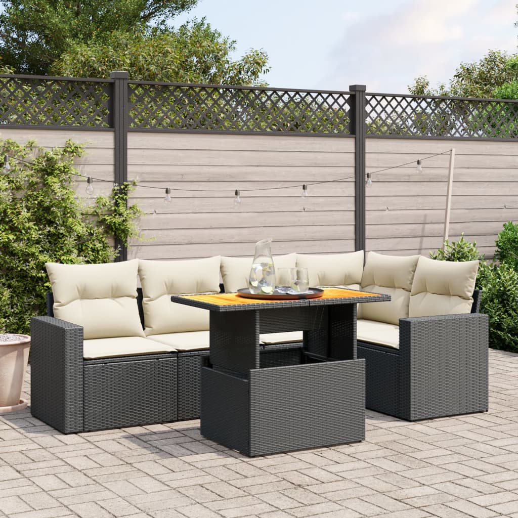 6 Piece Garden Sofa Set with Cushions Black Poly Rattan