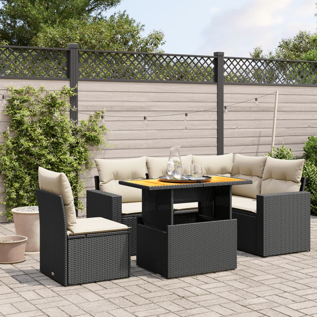 6 Piece Garden Sofa Set with Cushions Black Poly Rattan