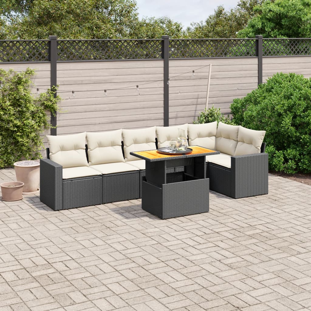 7 Piece Garden Sofa Set with Cushions Black Poly Rattan