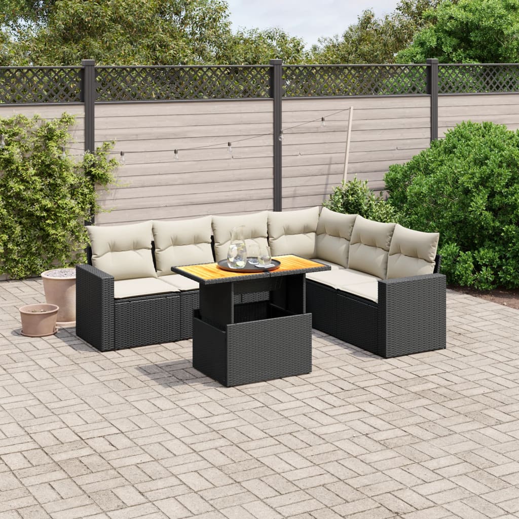 7 Piece Garden Sofa Set with Cushions Black Poly Rattan