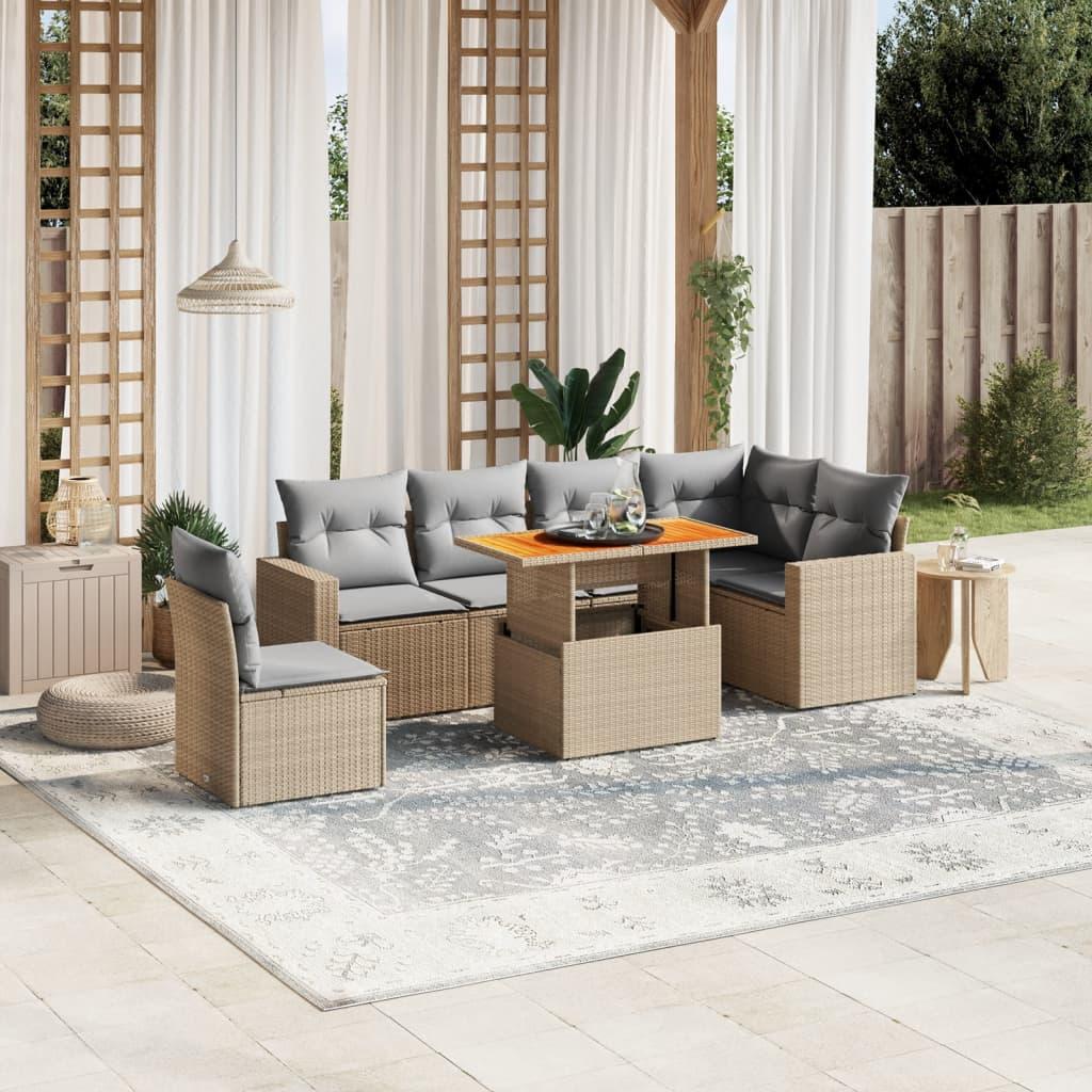 7 Piece Garden Sofa Set with Cushions Beige Poly Rattan