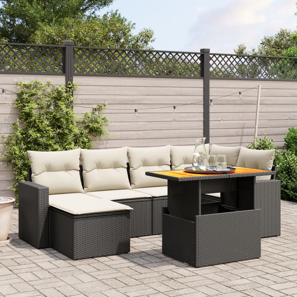 7 Piece Garden Sofa Set with Cushions Black Poly Rattan