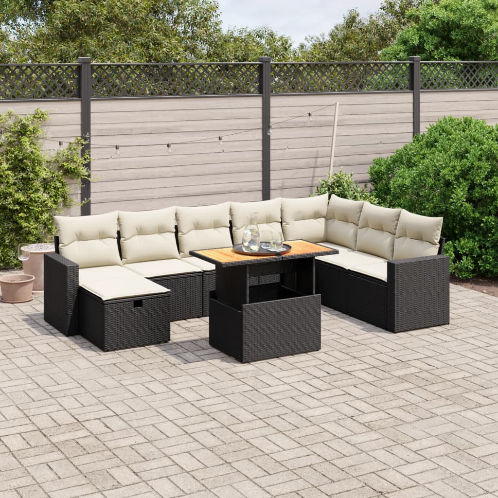 9 Piece Garden Sofa Set with Cushions Black Poly Rattan