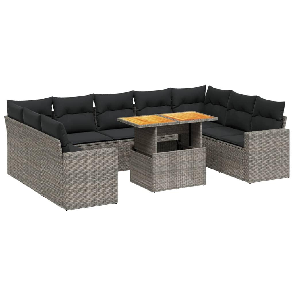 10 Piece Garden Sofa Set with Cushions Grey Poly Rattan