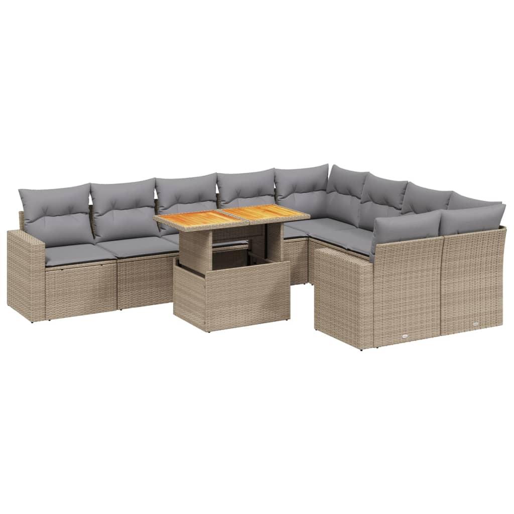 10 Piece Garden Sofa Set with Cushions Beige Poly Rattan