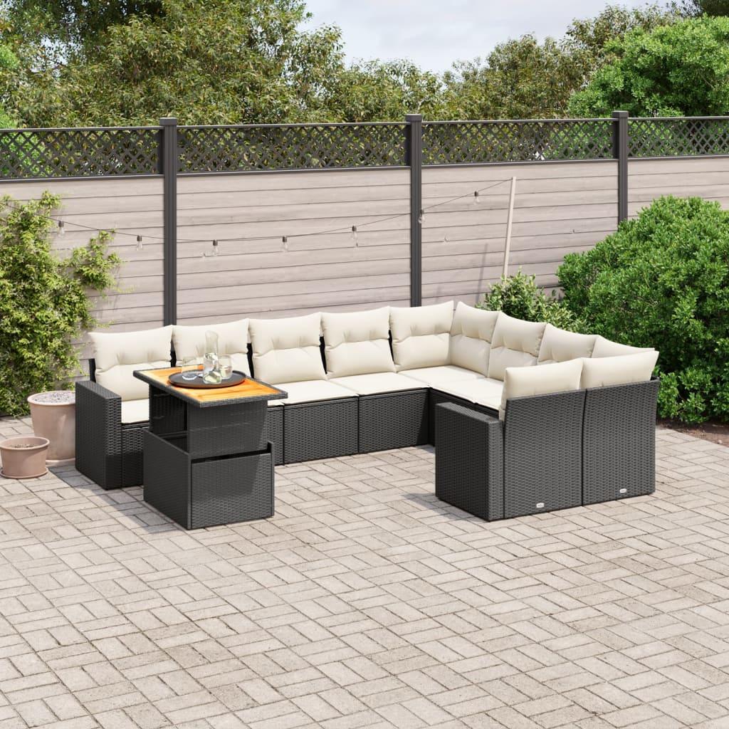 10 Piece Garden Sofa Set with Cushions Black Poly Rattan