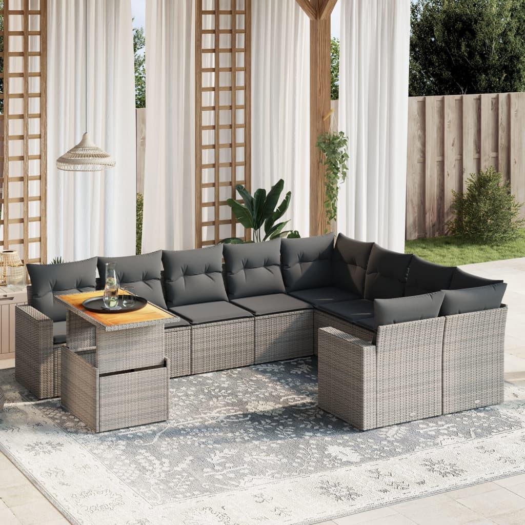 10 Piece Garden Sofa Set with Cushions Grey Poly Rattan