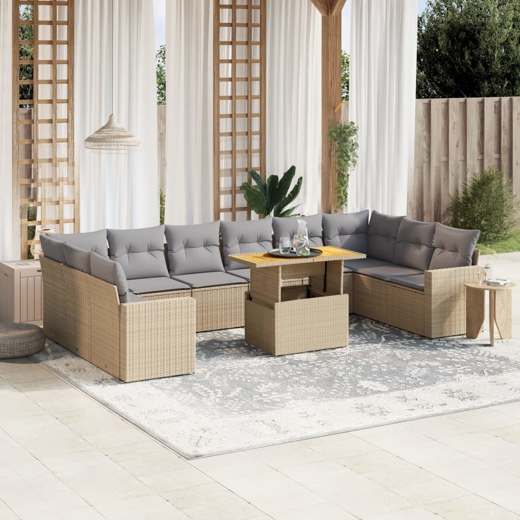 11 Piece Garden Sofa Set with Cushions Beige Poly Rattan