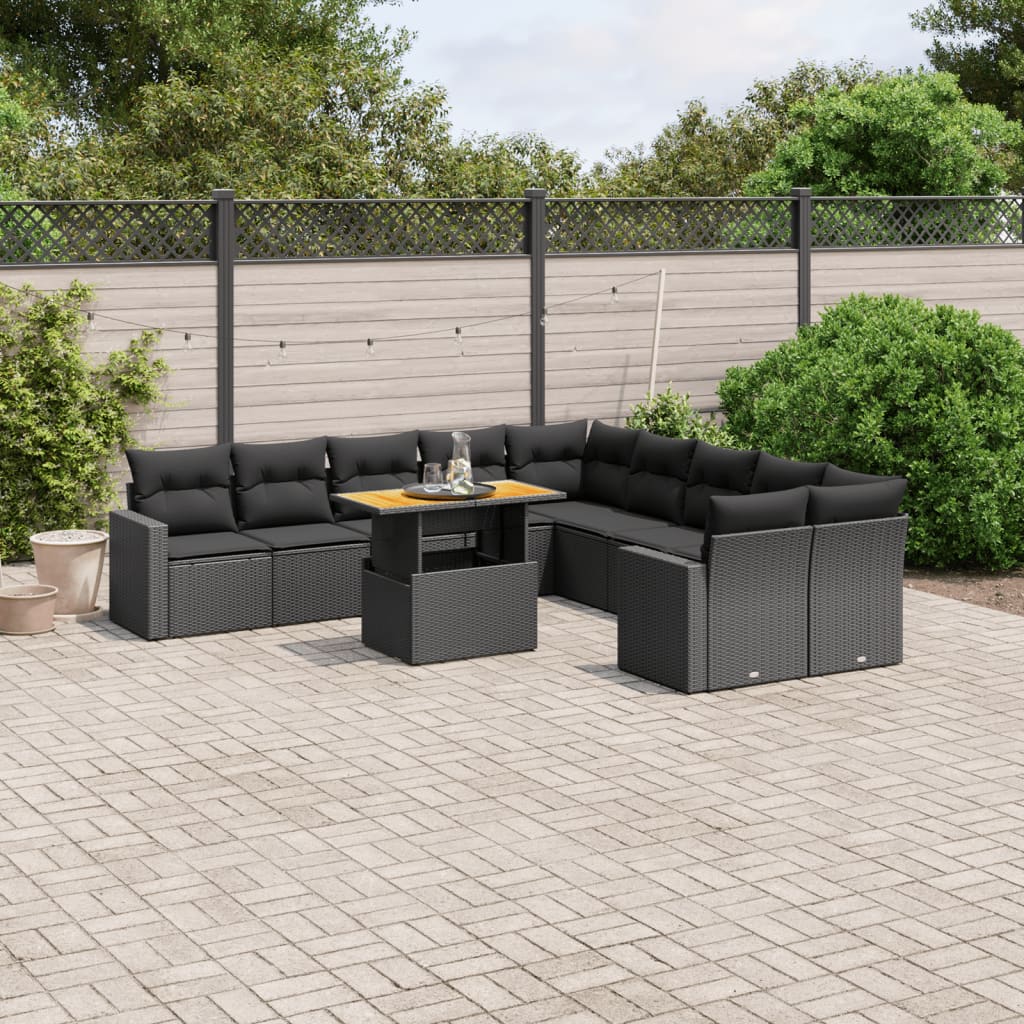 11 Piece Garden Sofa Set with Cushions Black Poly Rattan