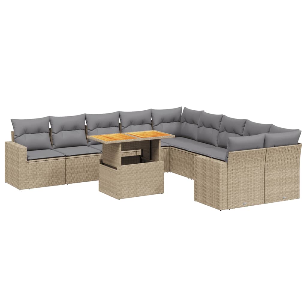 11 Piece Garden Sofa Set with Cushions Beige Poly Rattan