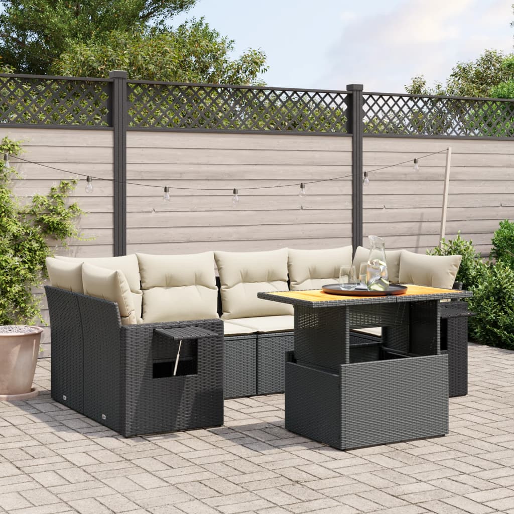 7 Piece Garden Sofa Set with Cushions Black Poly Rattan