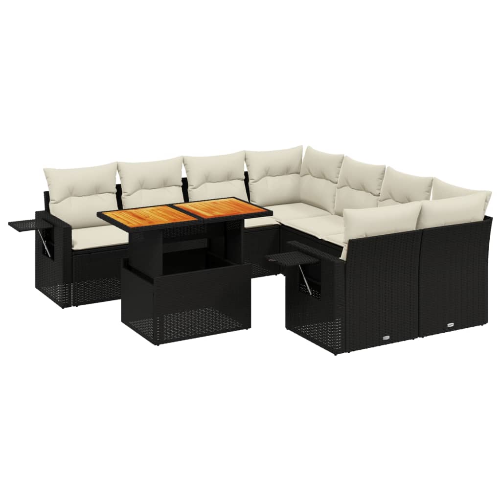 9 Piece Garden Sofa Set with Cushions Black Poly Rattan