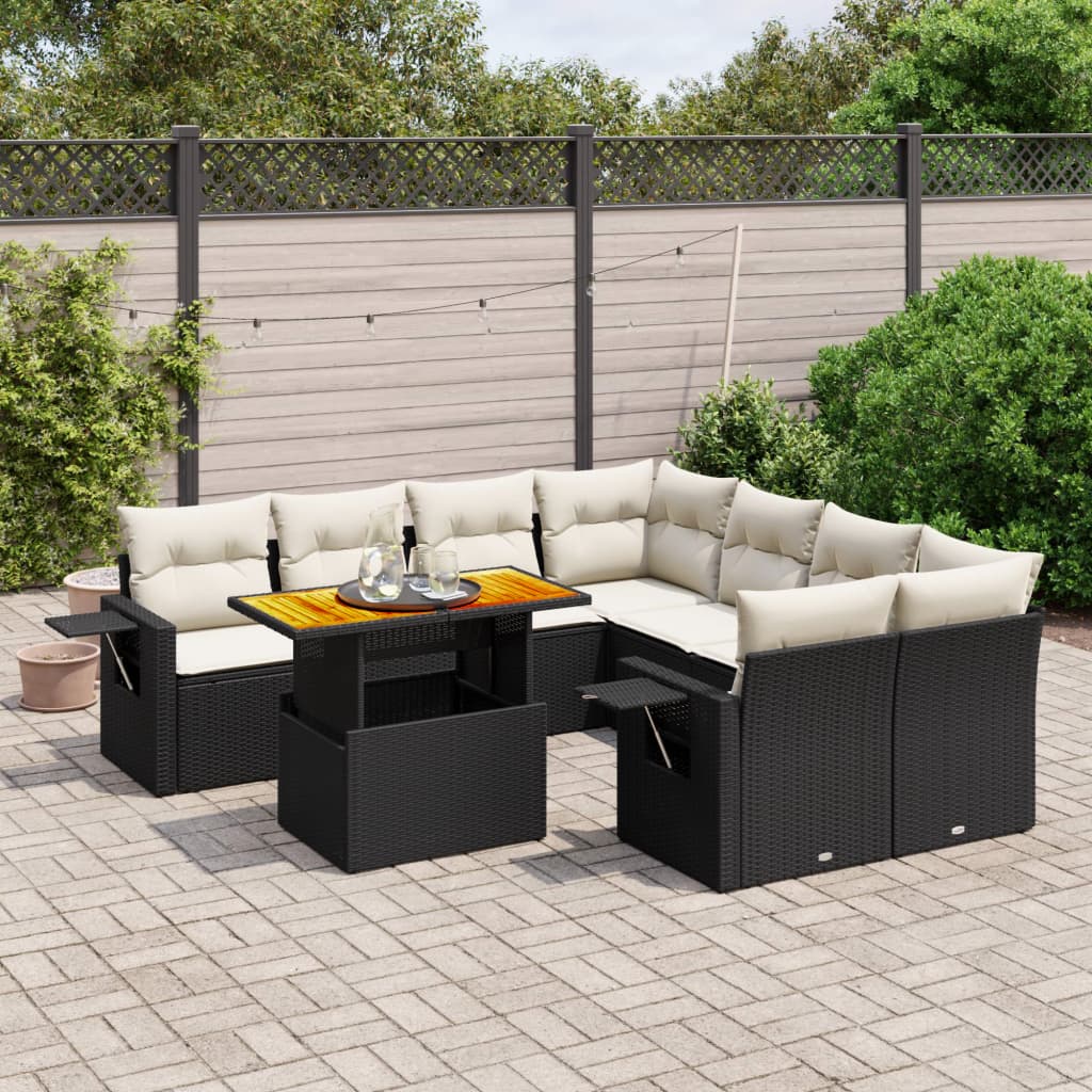 9 Piece Garden Sofa Set with Cushions Black Poly Rattan