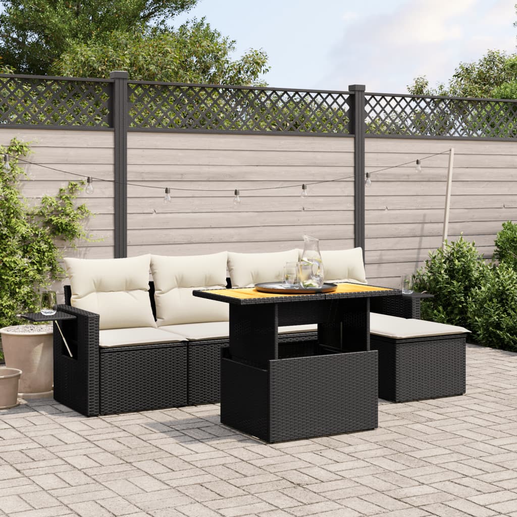 6 Piece Garden Sofa Set with Cushions Black Poly Rattan