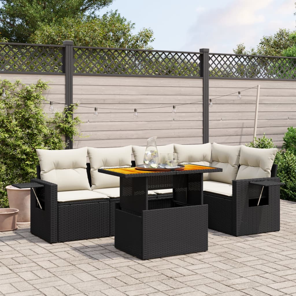 6 Piece Garden Sofa Set with Cushions Black Poly Rattan