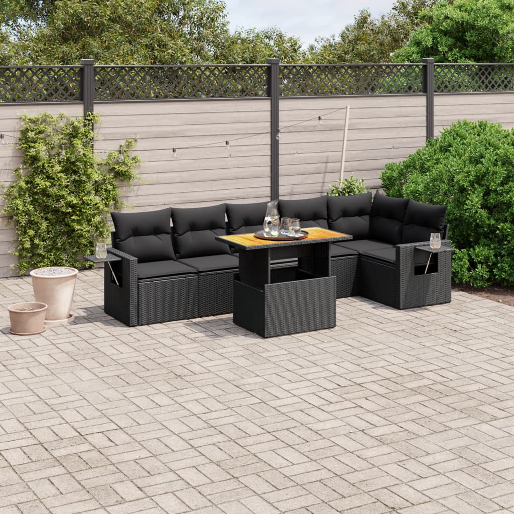 7 Piece Garden Sofa Set with Cushions Black Poly Rattan