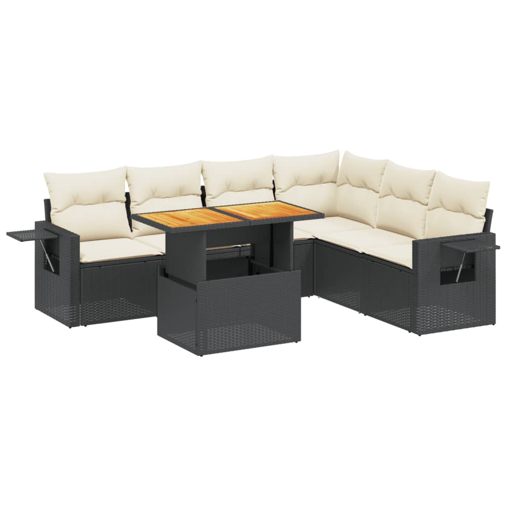 7 Piece Garden Sofa Set with Cushions Black Poly Rattan