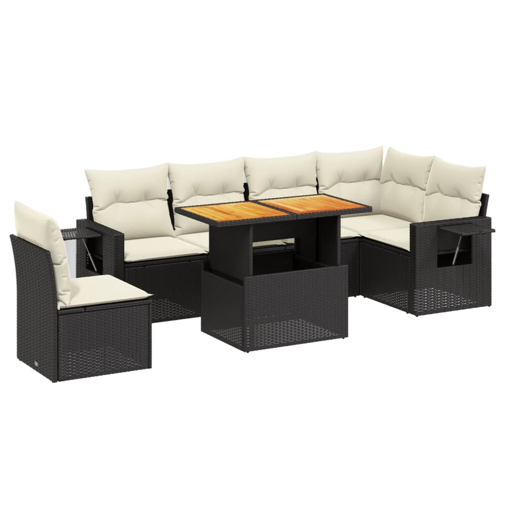 7 Piece Garden Sofa Set with Cushions Black Poly Rattan