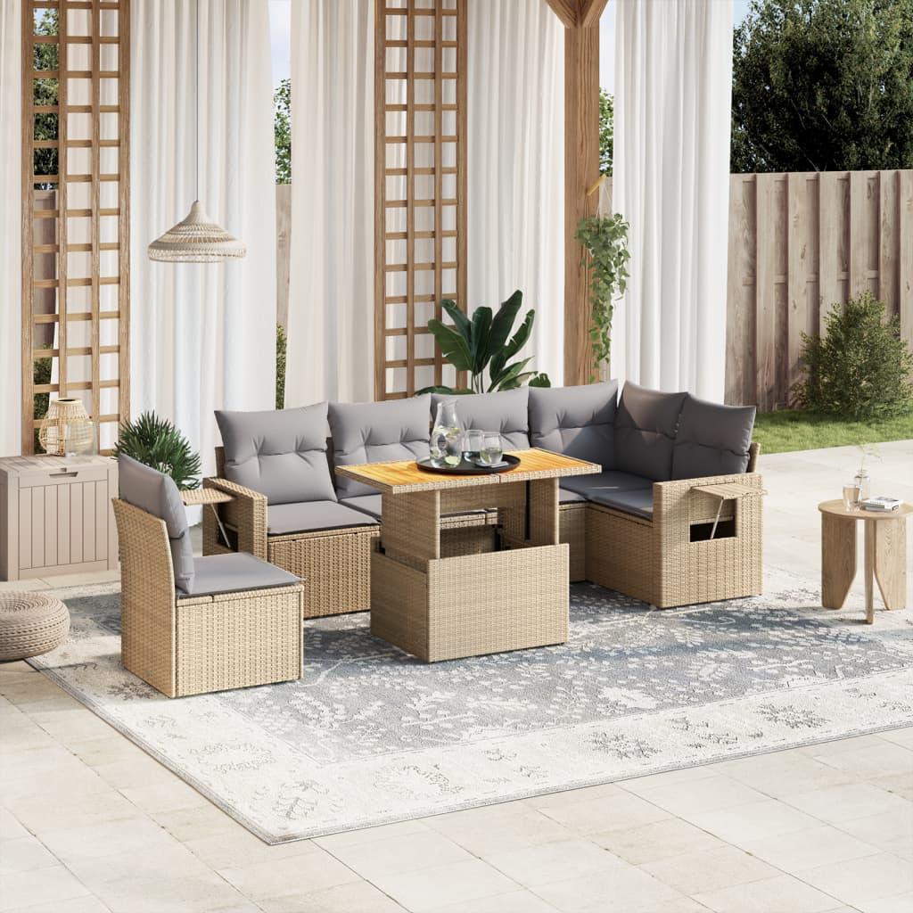 7 Piece Garden Sofa Set with Cushions Beige Poly Rattan