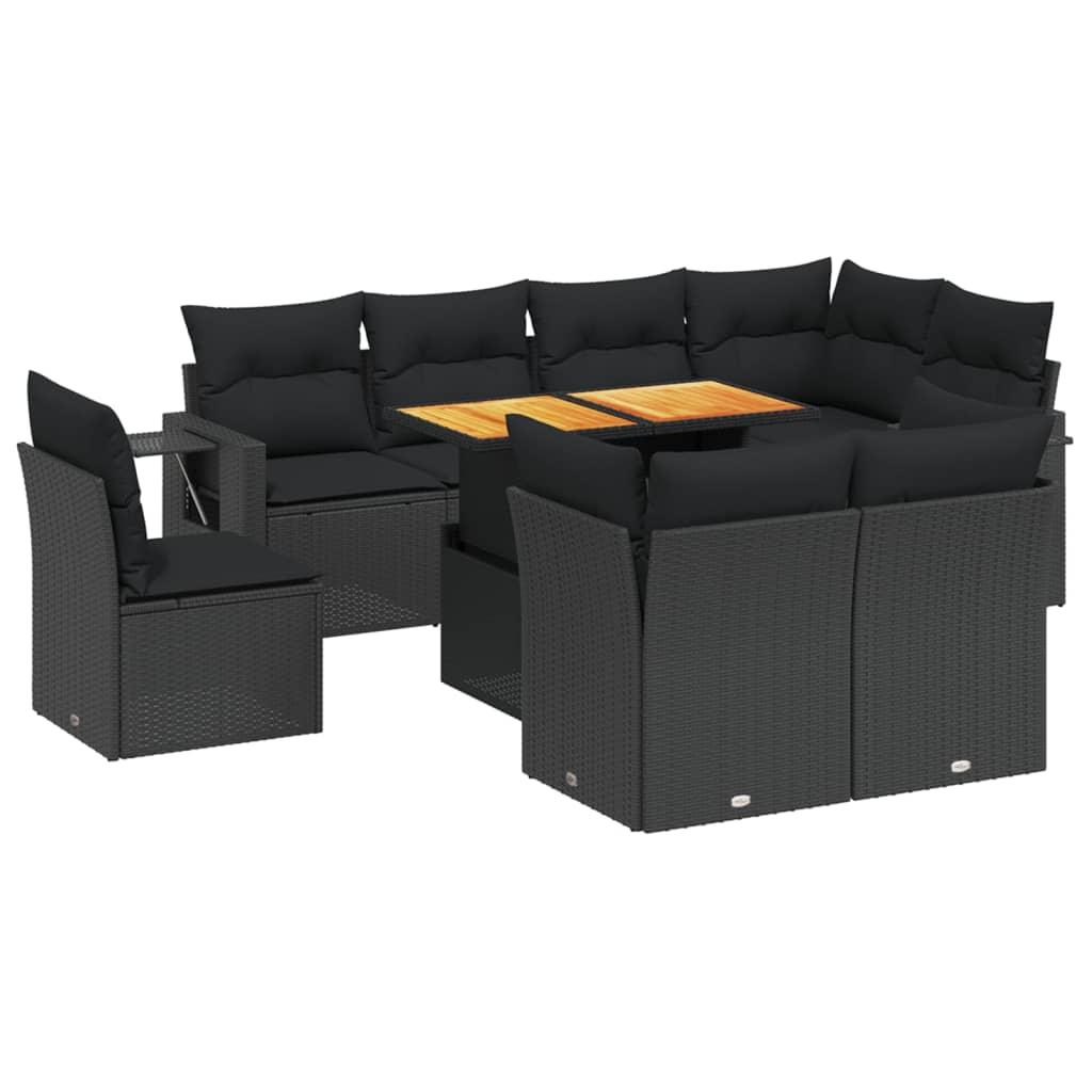 9 Piece Garden Sofa Set with Cushions Black Poly Rattan