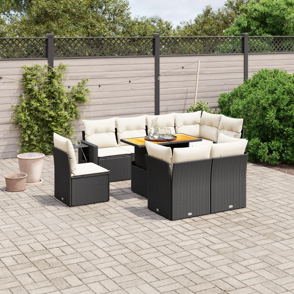 9 Piece Garden Sofa Set with Cushions Black Poly Rattan