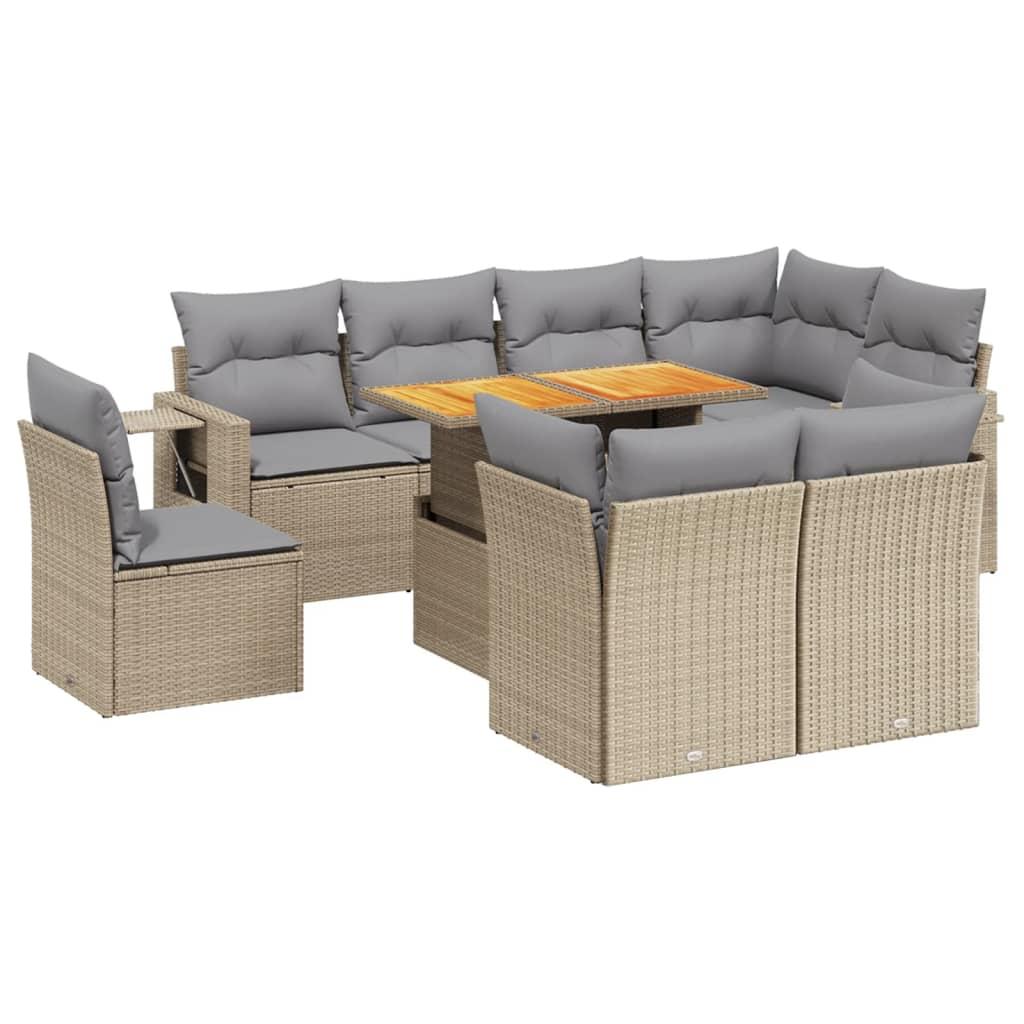 9 Piece Garden Sofa Set with Cushions Beige Poly Rattan