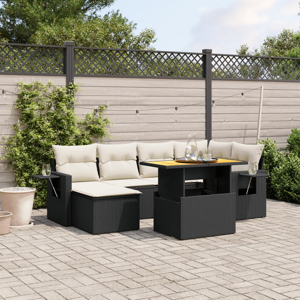 7 Piece Garden Sofa Set with Cushions Black Poly Rattan