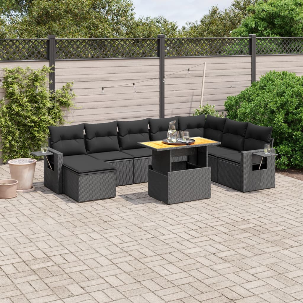 9 Piece Garden Sofa Set with Cushions Black Poly Rattan