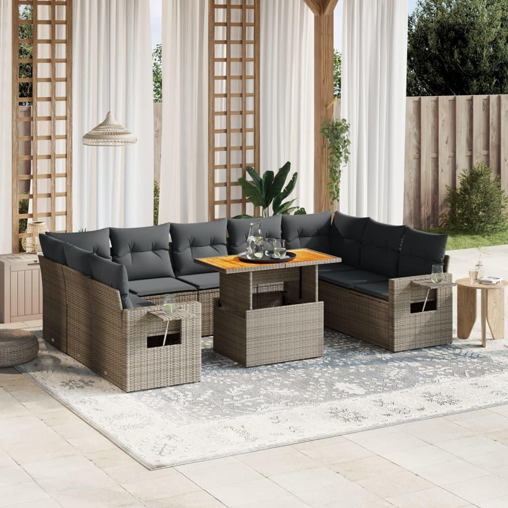 10 Piece Garden Sofa Set with Cushions Grey Poly Rattan