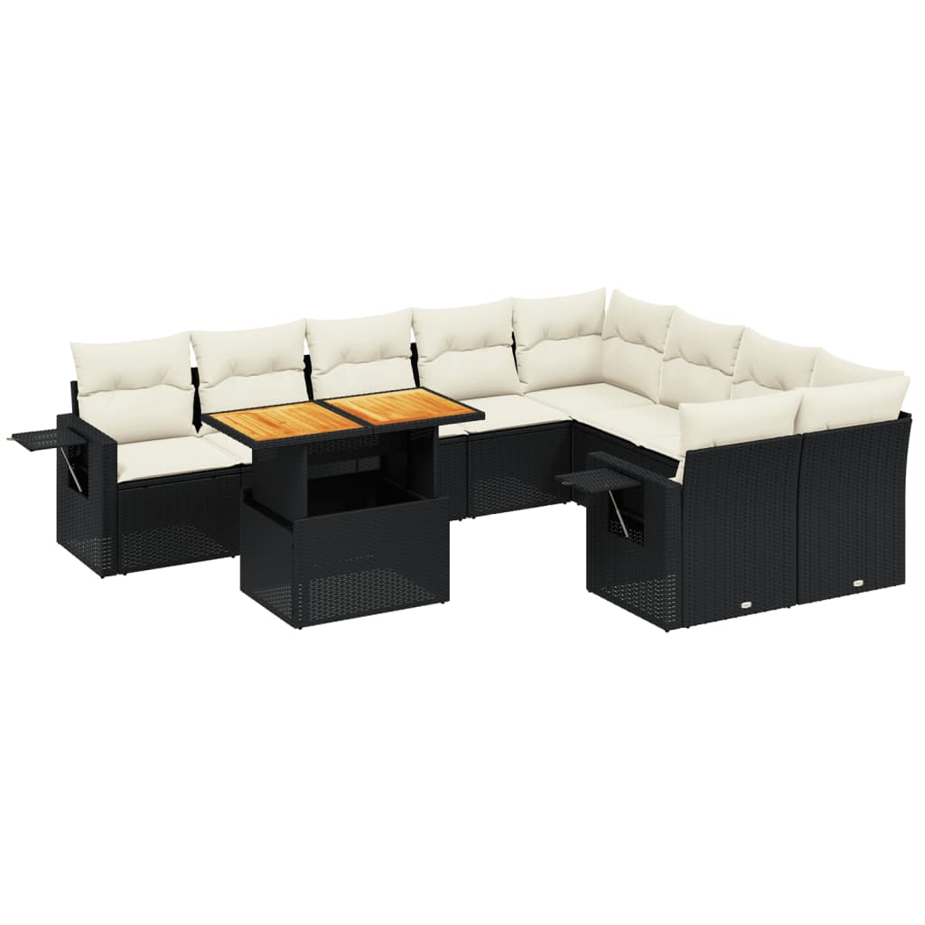 10 Piece Garden Sofa Set with Cushions Black Poly Rattan