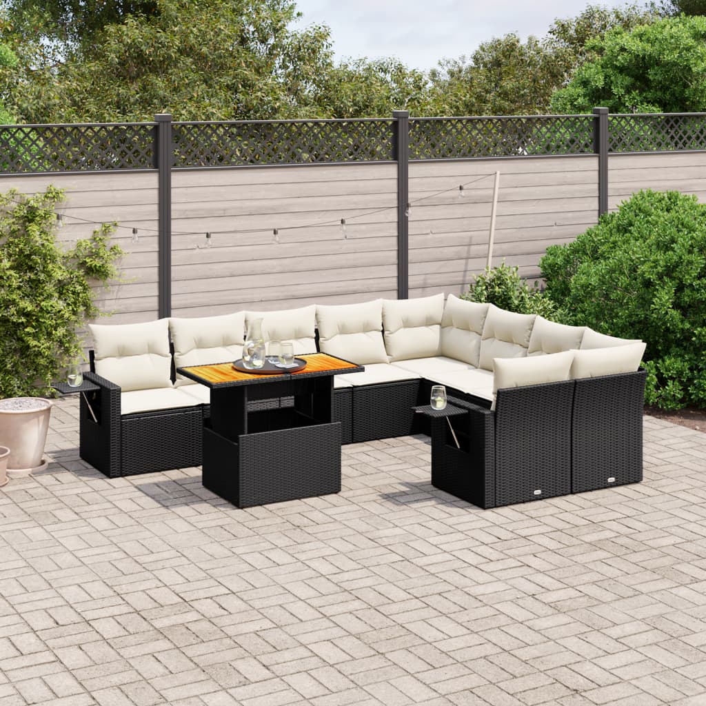 10 Piece Garden Sofa Set with Cushions Black Poly Rattan