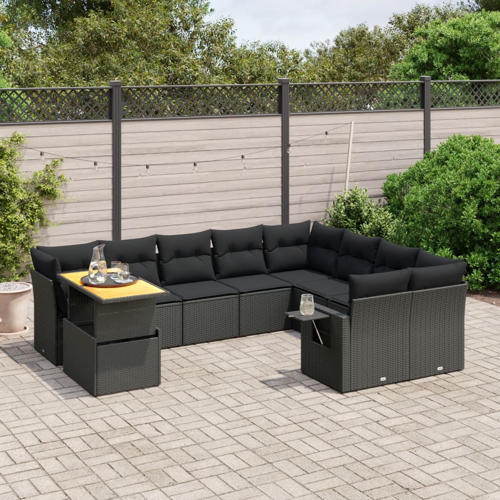 10 Piece Garden Sofa Set with Cushions Black Poly Rattan