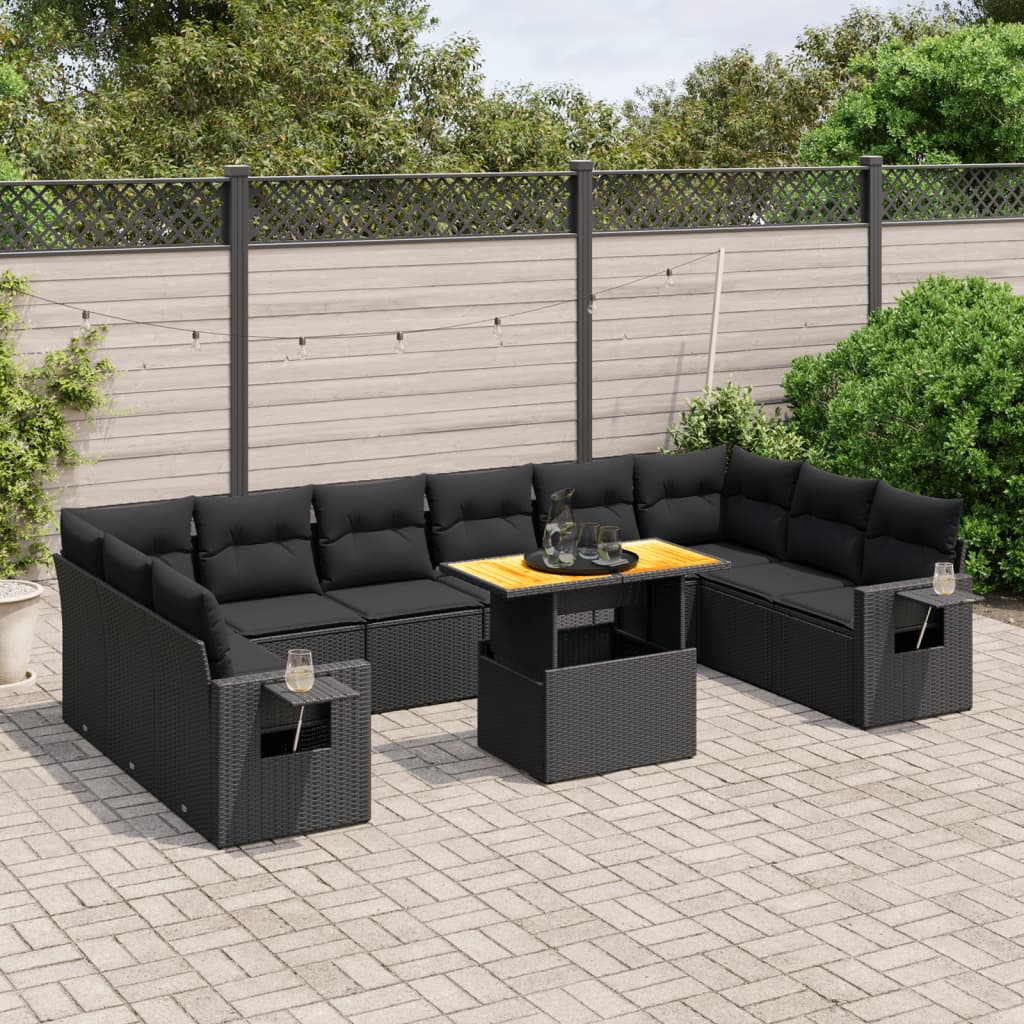 11 Piece Garden Sofa Set with Cushions Black Poly Rattan