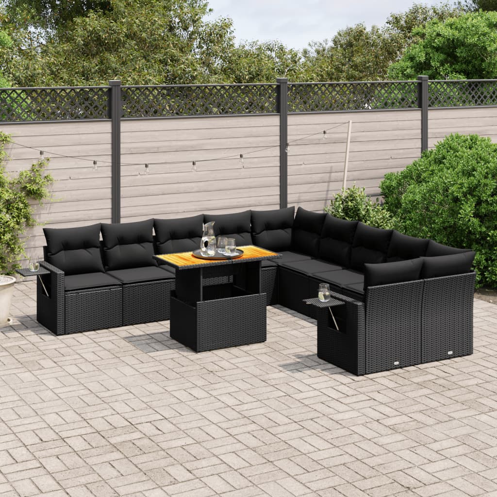 11 Piece Garden Sofa Set with Cushions Black Poly Rattan