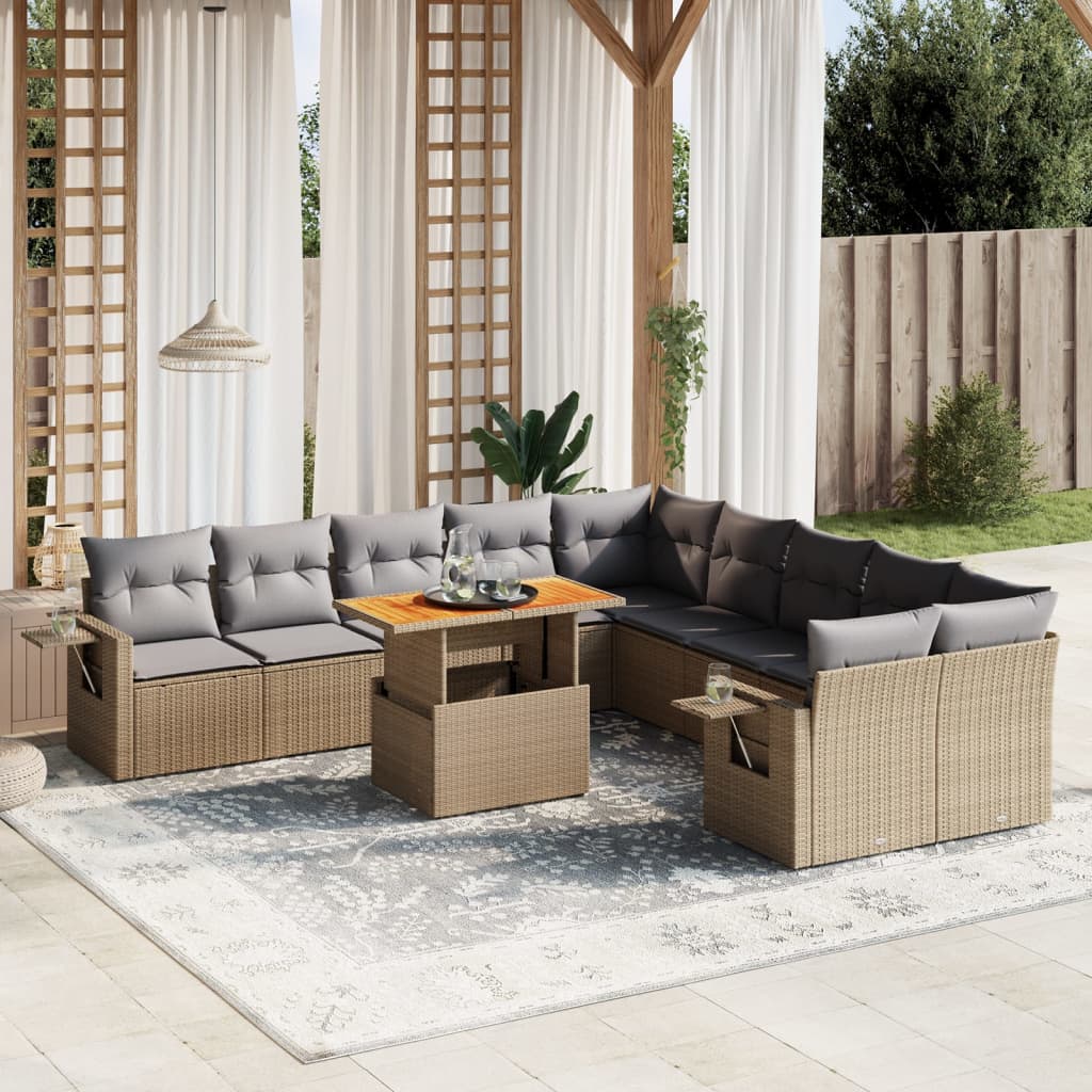 11 Piece Garden Sofa Set with Cushions Beige Poly Rattan