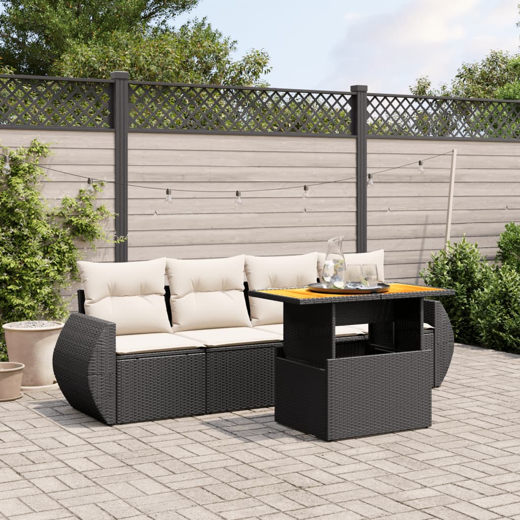 5 Piece Garden Sofa Set with Cushions Black Poly Rattan