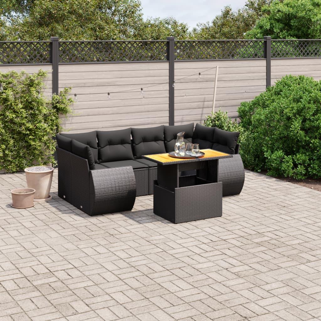 7 Piece Garden Sofa Set with Cushions Black Poly Rattan