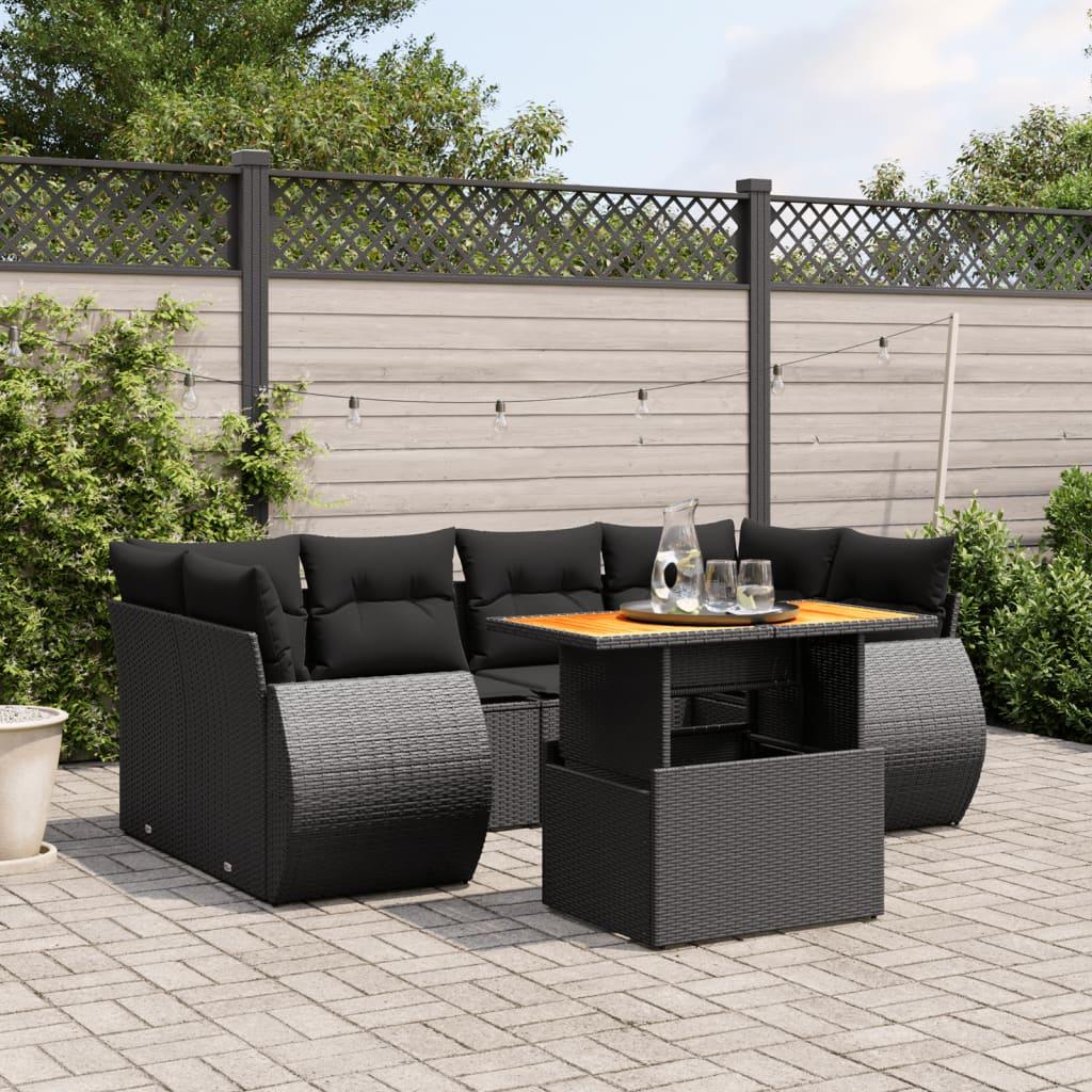 7 Piece Garden Sofa Set with Cushions Black Poly Rattan