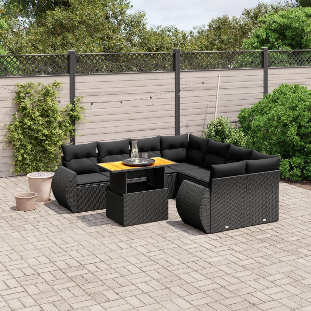 9 Piece Garden Sofa Set with Cushions Black Poly Rattan