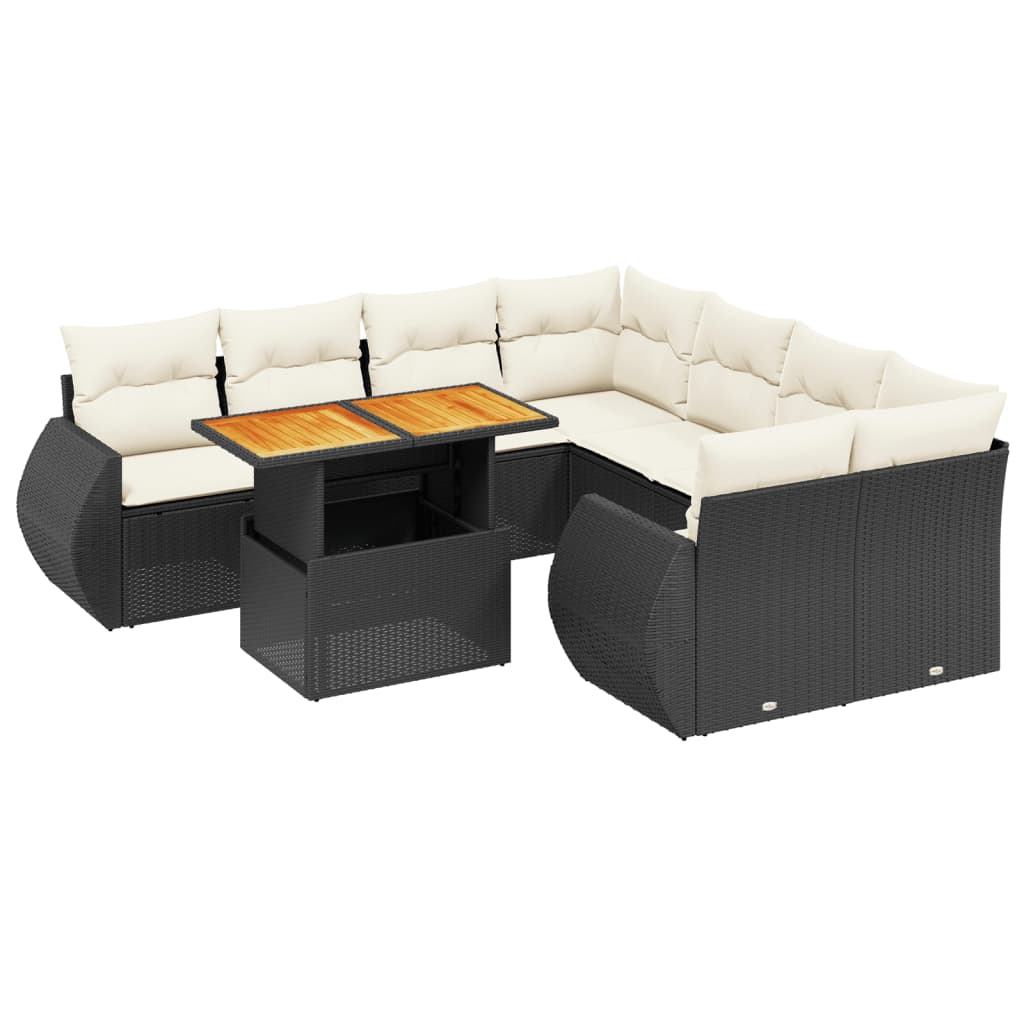 9 Piece Garden Sofa Set with Cushions Black Poly Rattan