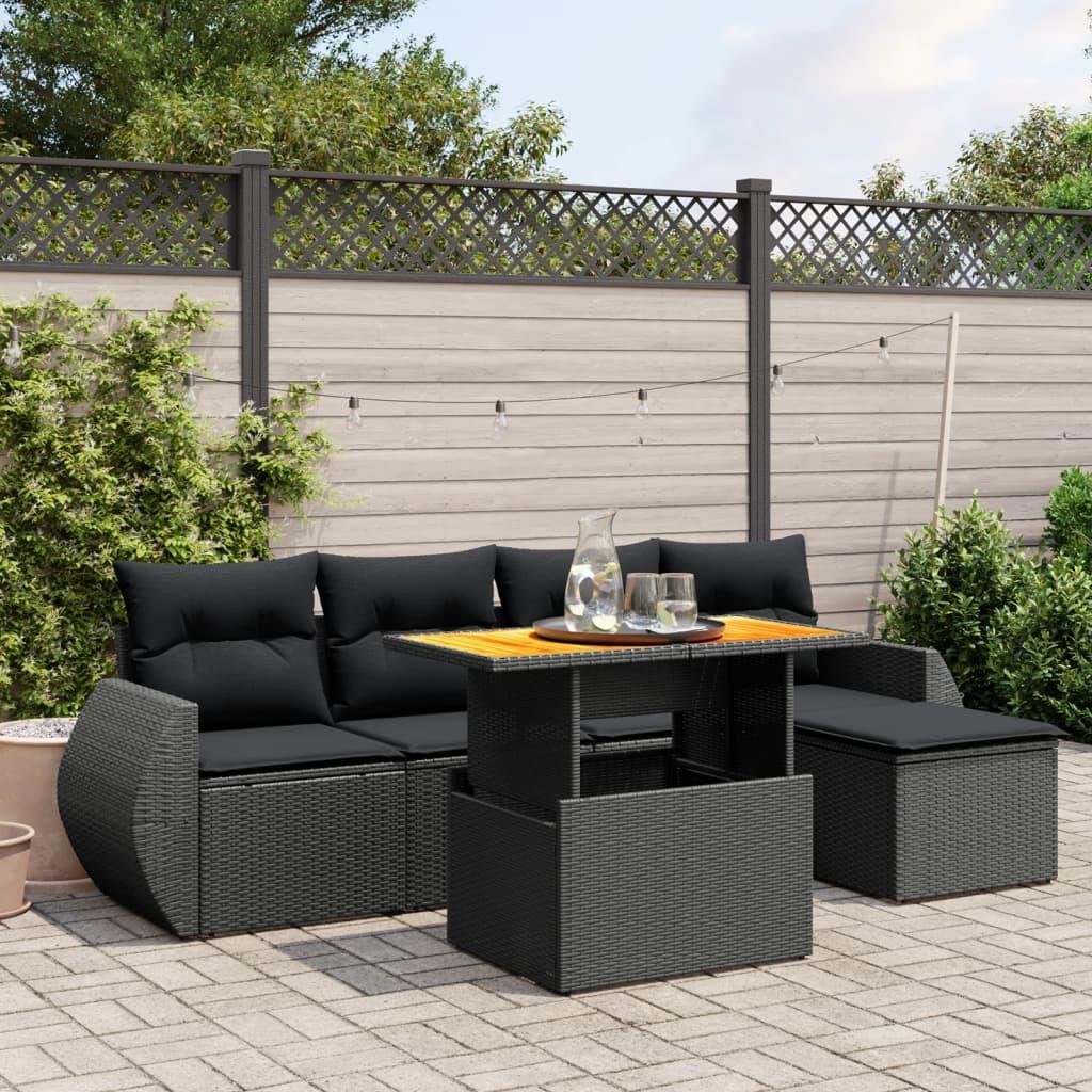 6 Piece Garden Sofa Set with Cushions Black Poly Rattan